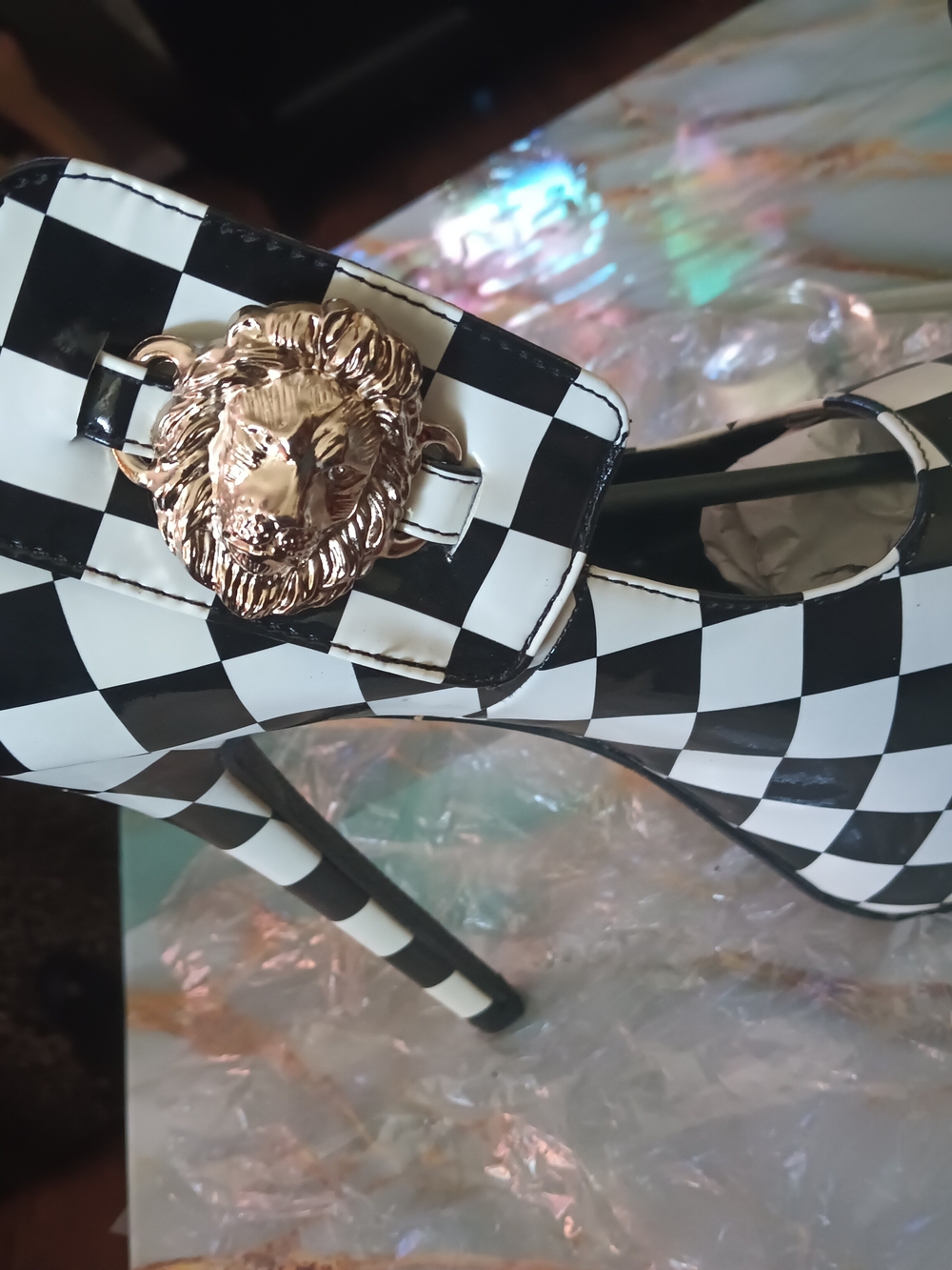 Checkerboard Black and White Stiletto Heels with Gold Lion Accent